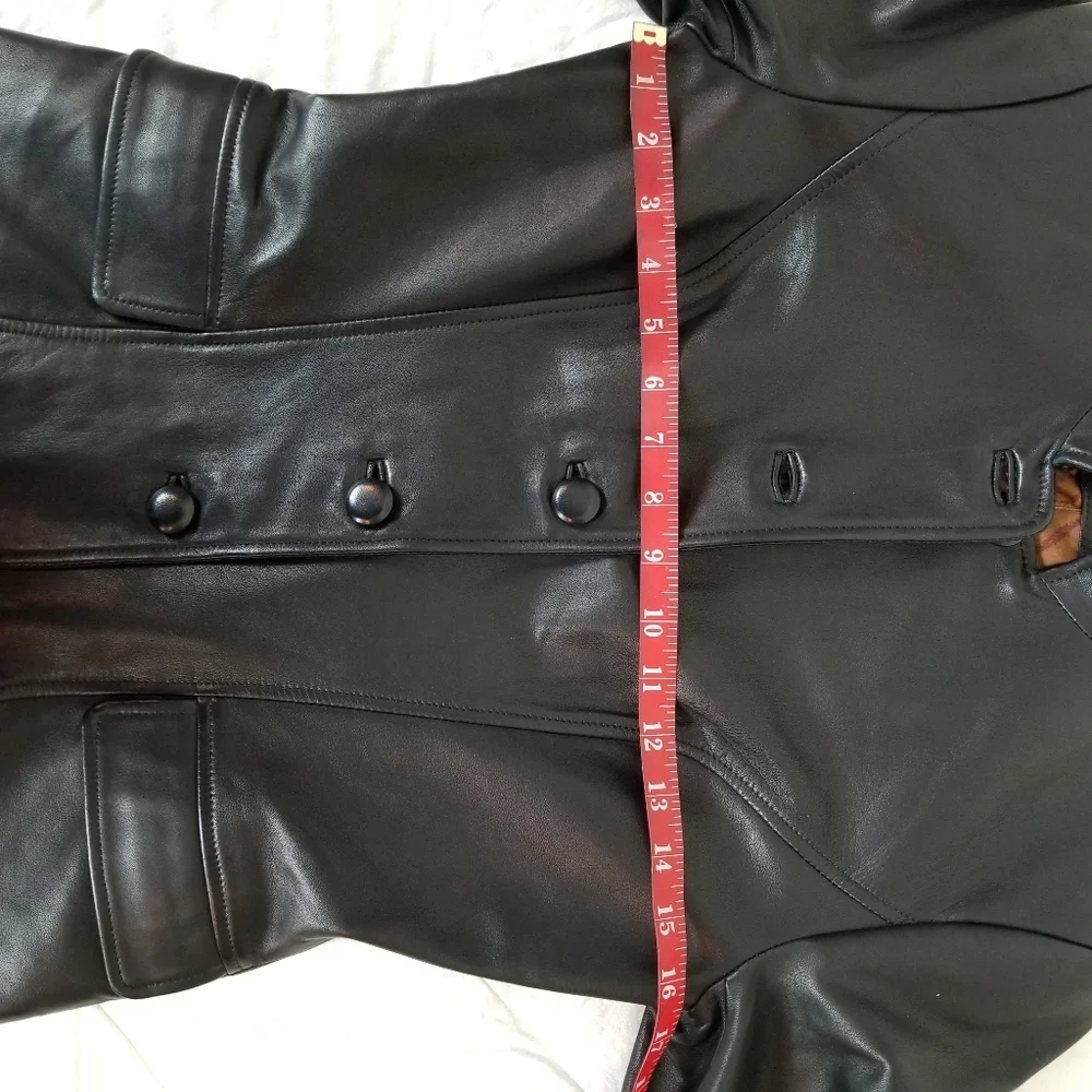 Peruvian Connection Sutton Place black leather jacket tab collar peplum NWOT 4 - Picture 8 of 11